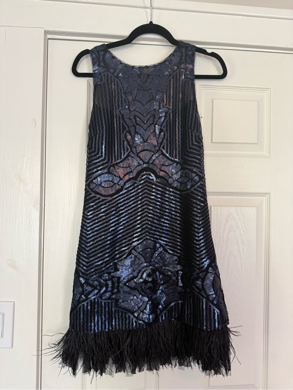 BCBGMaxAzria Black Sequin Feather Hem Mini Dress
